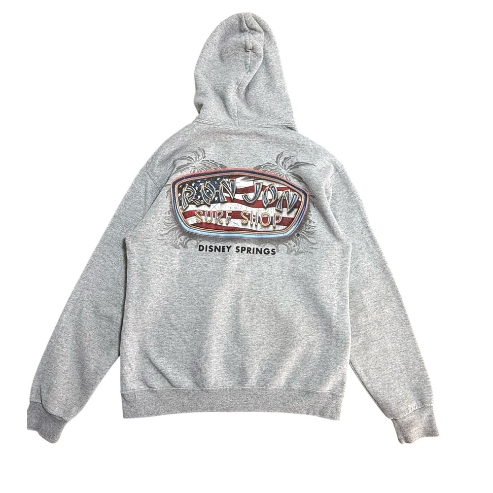 Ron Jon Surf Shop Hoodie Mens Medium‎ Gray Pullover Sweatshirt USA Flag